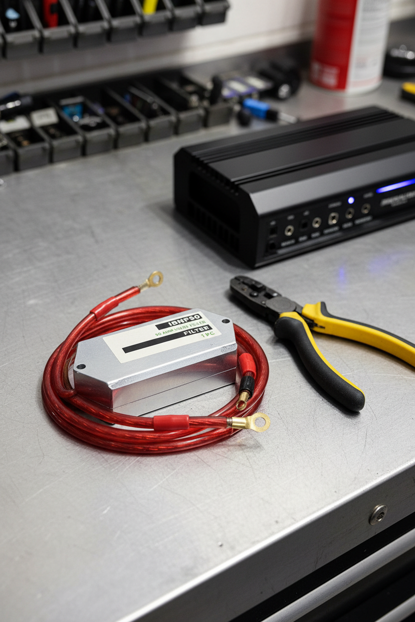 Install Bay IBNF50 50 Amp noise filter on mechanic workbench next to wire stripper and aftermarket car amplifier