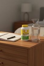 Renew Life Prebiotic Fiber on wood-grain bedside table next to wellness planner and glass carafe daily health ritual
