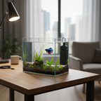 Small 6 gallon betta tank on desk with flat black heater on side wall, modern home aquarium setup