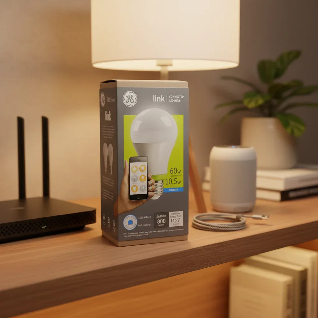 GE Link A19 Connected LED Bulb box standing on organized storage shelf with high-end tech essentials under warm residential lighting