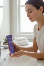 Woman with clear glowing skin holding Pacifica Vegan Ceramide Face Wash at bathroom sink