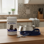 VetClassics Stop Stool Eating supplement tub on kitchen counter next to stainless steel dog bowl and leash