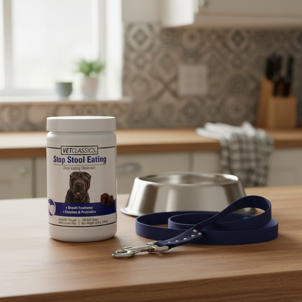 VetClassics Stop Stool Eating supplement tub on kitchen counter next to stainless steel dog bowl and leash