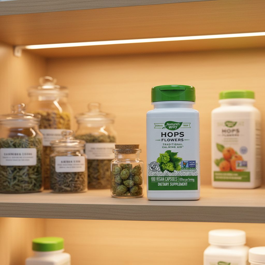 Nature's Way Hops Flowers bottle inside clean modern health supplement pantry shelf with soft ambient cabinet lighting and premium transparent apothecary jars