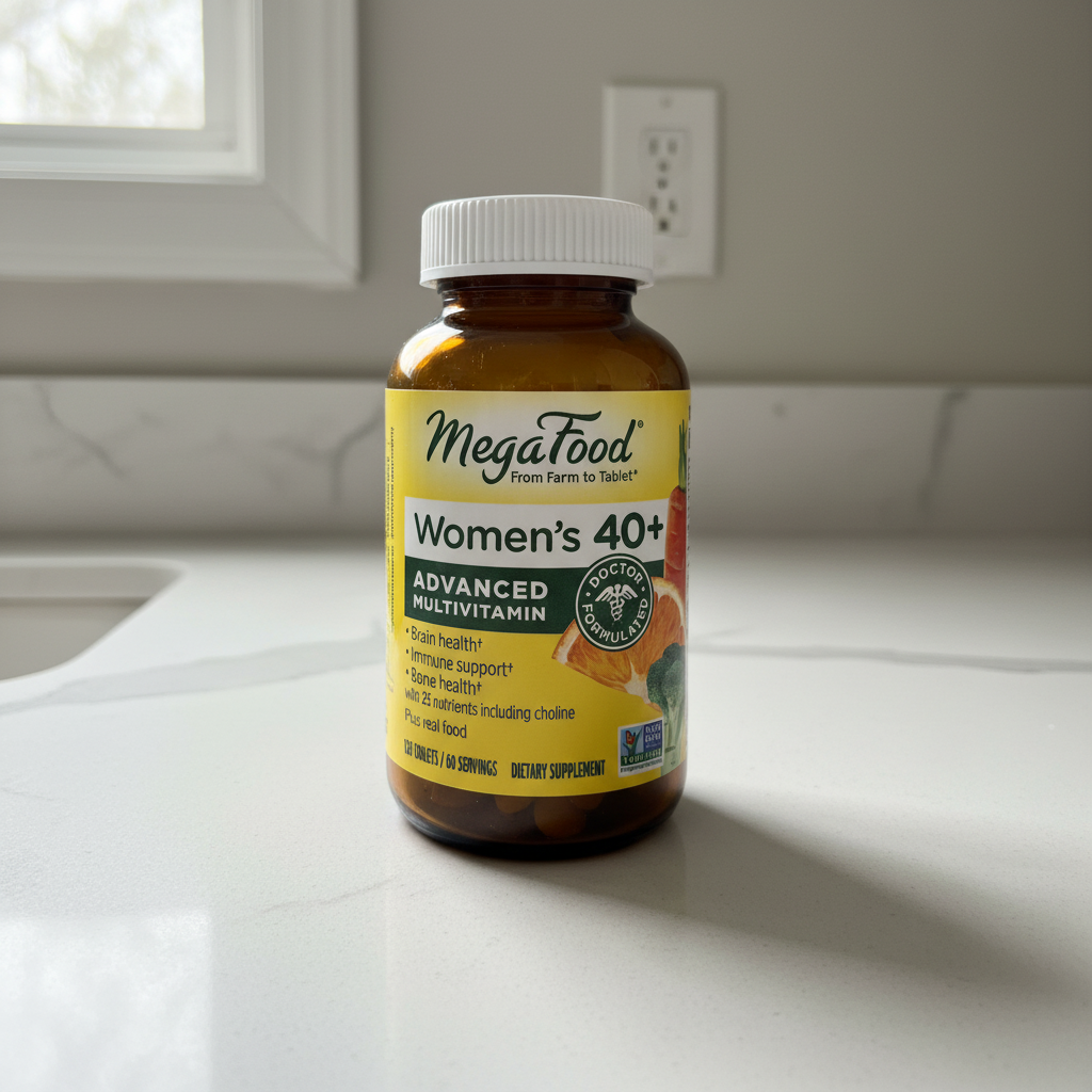 MegaFood Women's 40+ multivitamin amber glass bottle in soft natural window light on white quartz countertop – More4less Outlet