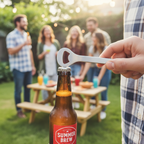 Slim flat zinc bottle opener being used to pop open cold beer bottle at backyard party casual entertaining lifestyle photography bright natural light