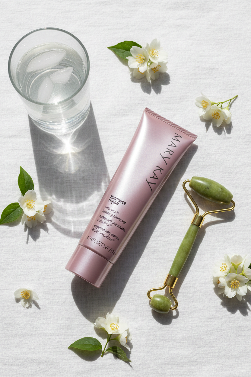 Mary Kay TimeWise Repair Volu-Firm Foaming Cleanser 4.5 oz flat lay with jade roller and white flowers – More4less Outlet