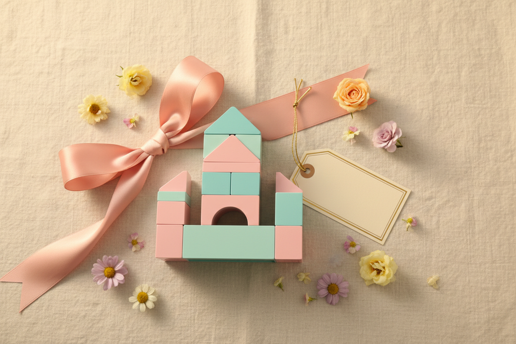 Pink and teal children's building toy gift flat lay with pink bow ribbon, pastel flowers and gift tag on cream linen