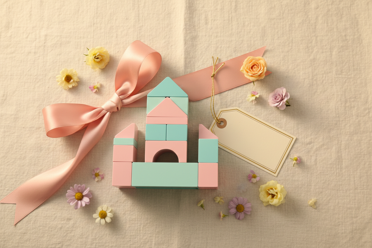Pink and teal children's building toy gift flat lay with pink bow ribbon, pastel flowers and gift tag on cream linen