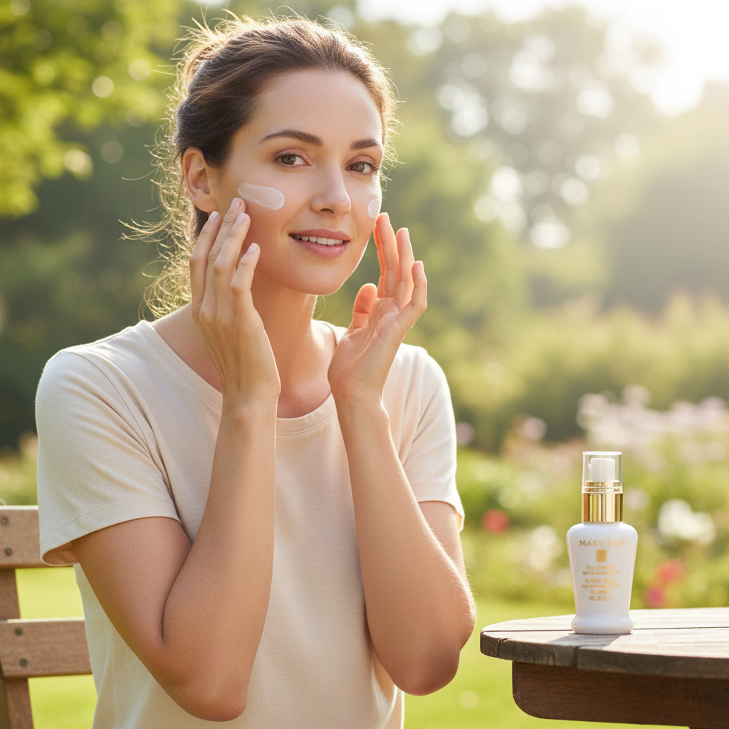 Woman outdoors applying lightweight sunscreen to her face in natural morning sunlight, healthy glowing skin