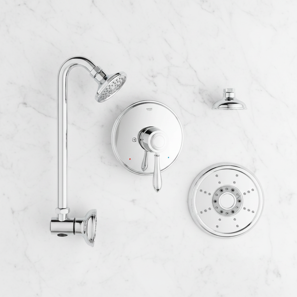 Grohe Fairborn polished chrome shower trim set components flat lay on white marble showing escutcheon plate lever handle shower arm flange and multi-spray shower head