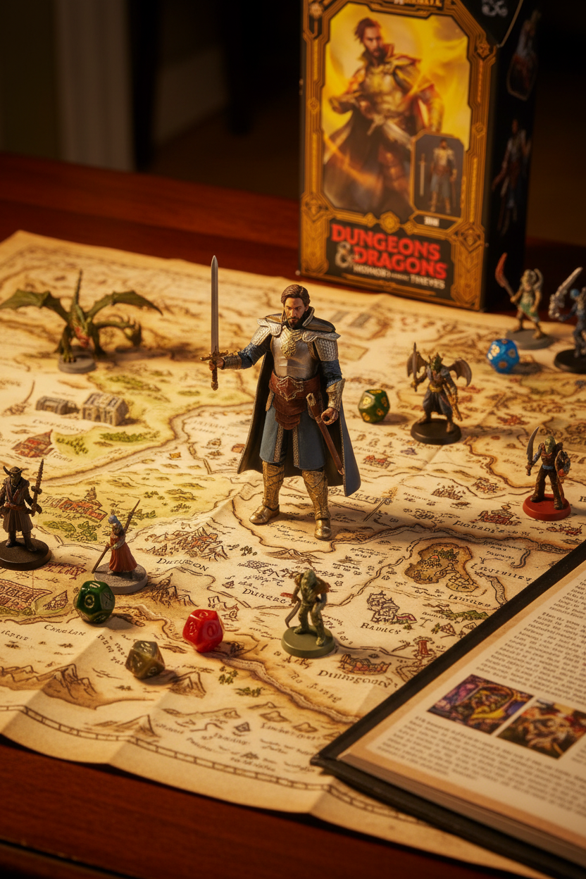 Hasbro D&D Honor Among Thieves Xenk figure posed on fantasy tabletop with dice and rulebook — More4less Outlet