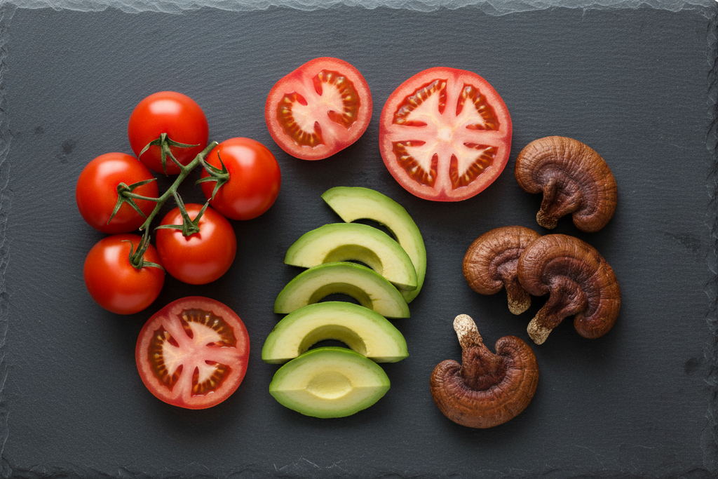 Lycopene tomatoes reishi mushrooms and avocado slices flat lay prostate health ingredients lifestyle photo
