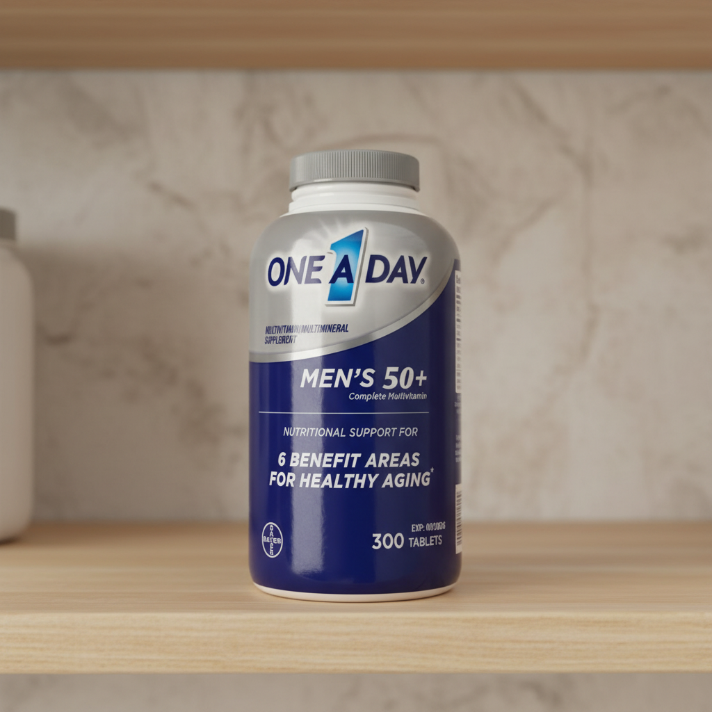One A Day Men’s 50+ Complete Multivitamin 300-tablet bottle on a shelf
