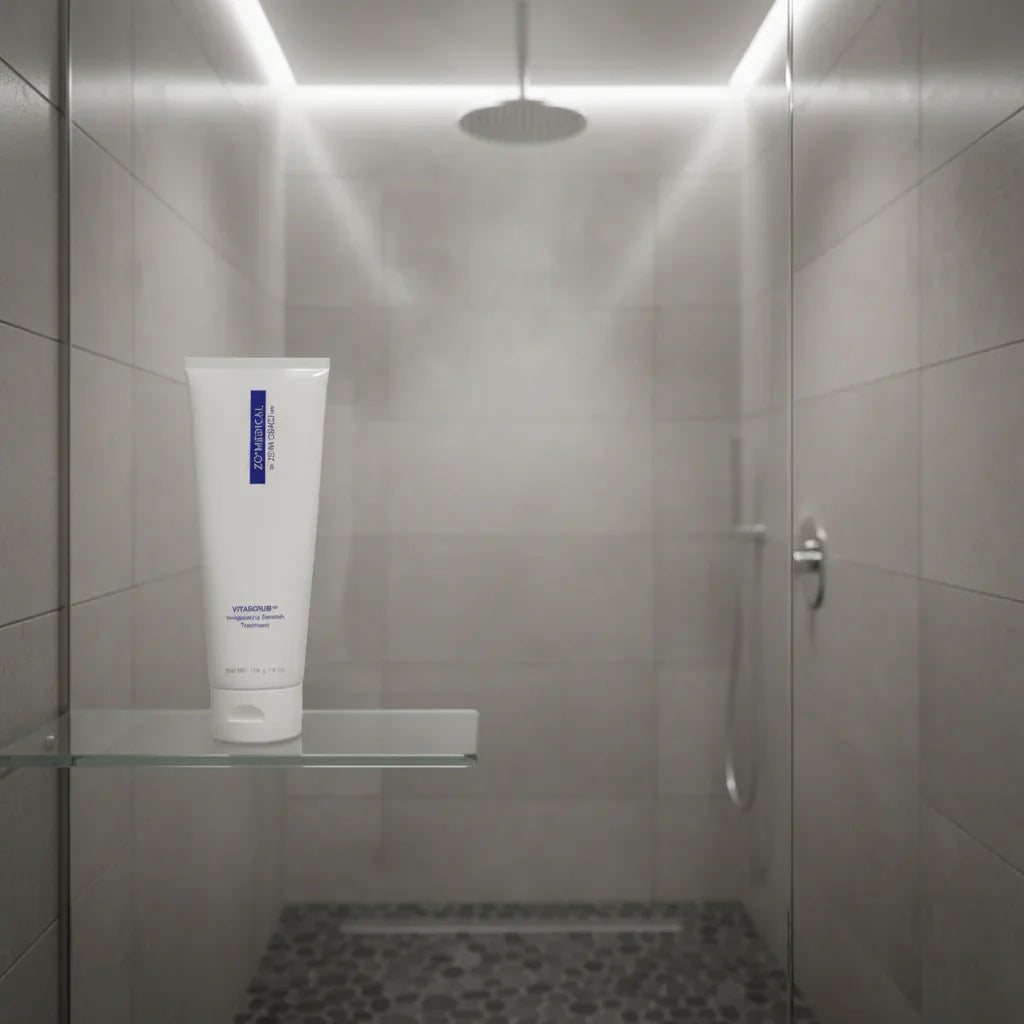 ZO Medical Vitascrub on floating glass shelf in modern steam shower