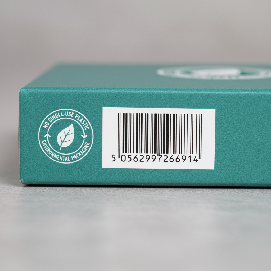Bottom panel of Screentime card game box showing barcode and No Single-Use Plastic seal