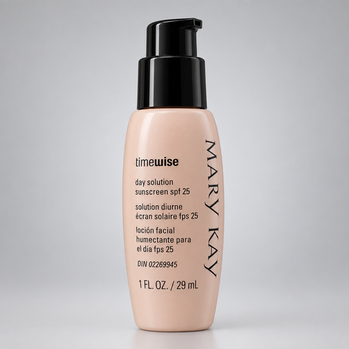 Mary Kay TimeWise Day Solution Sunscreen SPF 25 pump bottle studio product shot. At least one real product photo taken by Chad is included in the gallery. Remaining images are AI-generated lifestyle photos for visual context only. Minor label or packaging variation may occur between matching stocked units.
