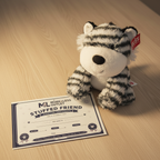 Russ Jazwares Zebra Plush next to More4less Outlet Stuffed Friend Adoption Certificate gift flat lay - More4less Outlet