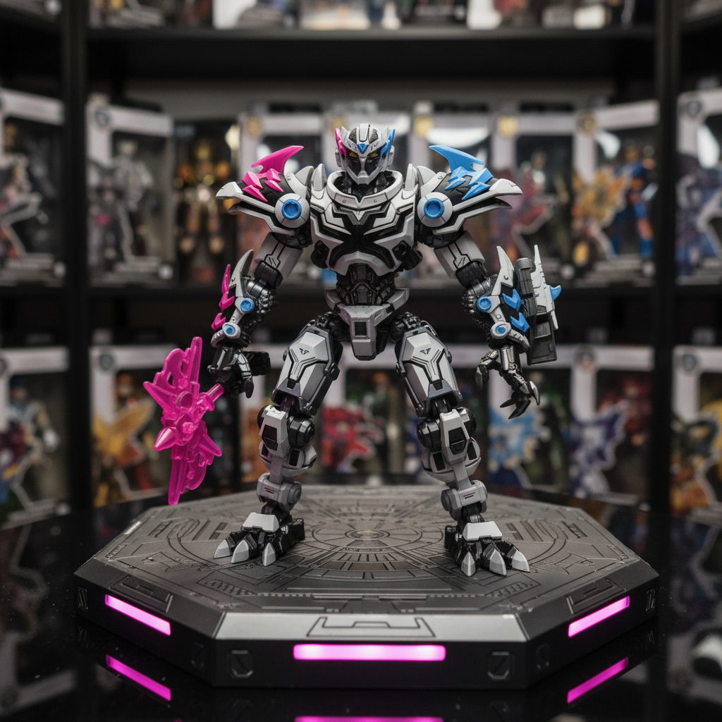 MrBeast Lab Tiger Battle Titan action figure in dynamic battle stance with neon pink sci-fi lighting – More4less Outlet