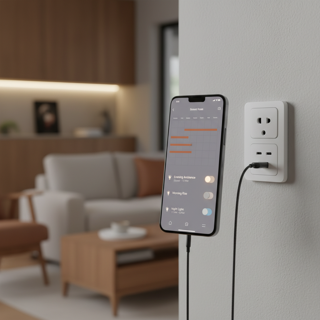 Smartphone showing smart home app controlling lighting schedules next to wall outlet