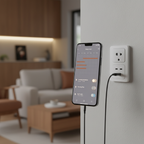 Smartphone showing smart home app controlling lighting schedules next to wall outlet