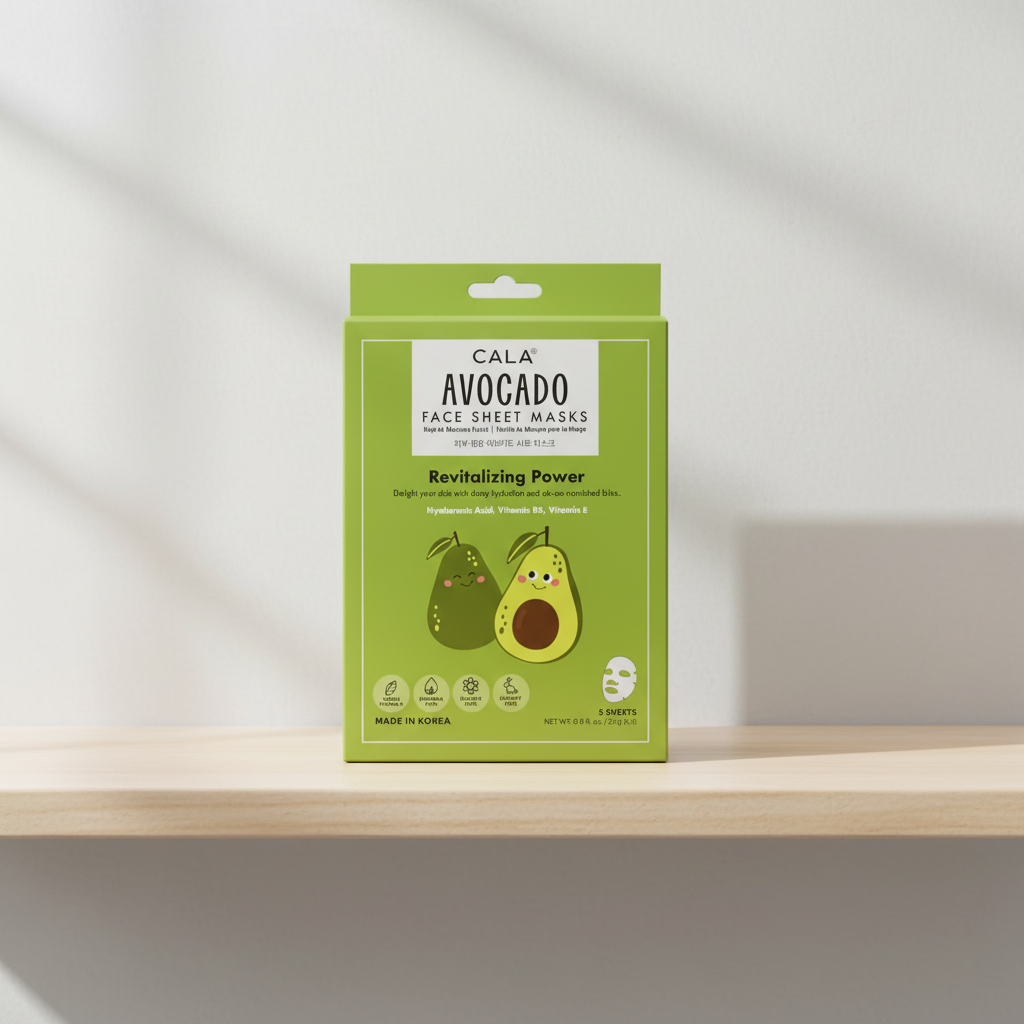 CALA Avocado Face Sheet Masks five-count package on a clean bathroom shelf in soft daylight