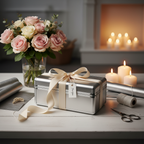 Lifestyle image - silver makeup organizer case as gift with ribbon flowers and candles, gifting scene for visual context only