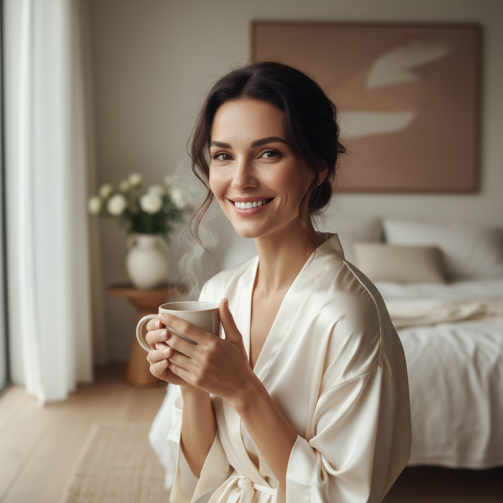 Confident woman with visibly smooth, even, refined skin smiling in soft natural window light