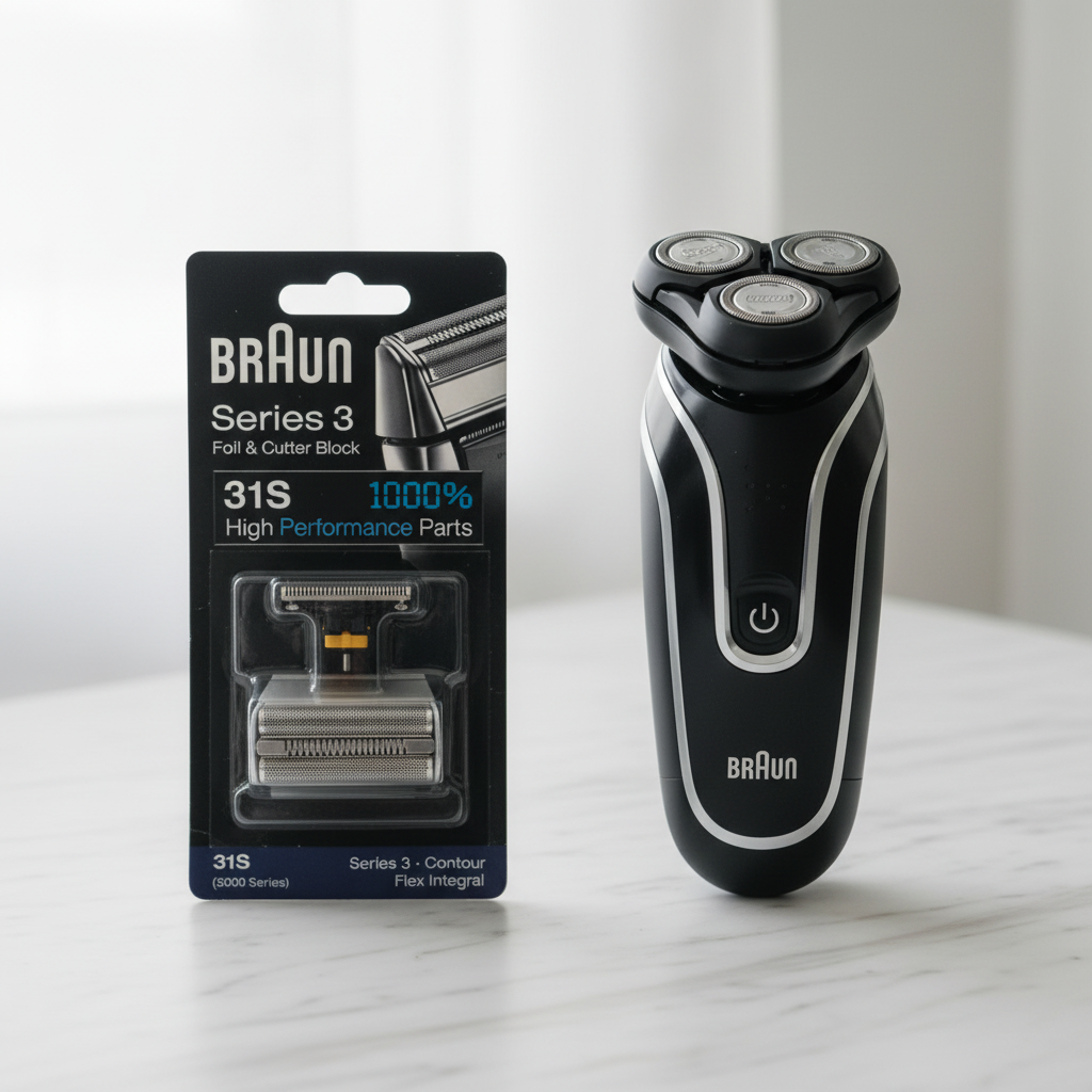 Braun Series 3 31S silver foil and cutter shaver head replacement black retail pack beside compact electric shaver on white marble – More4less Outlet
