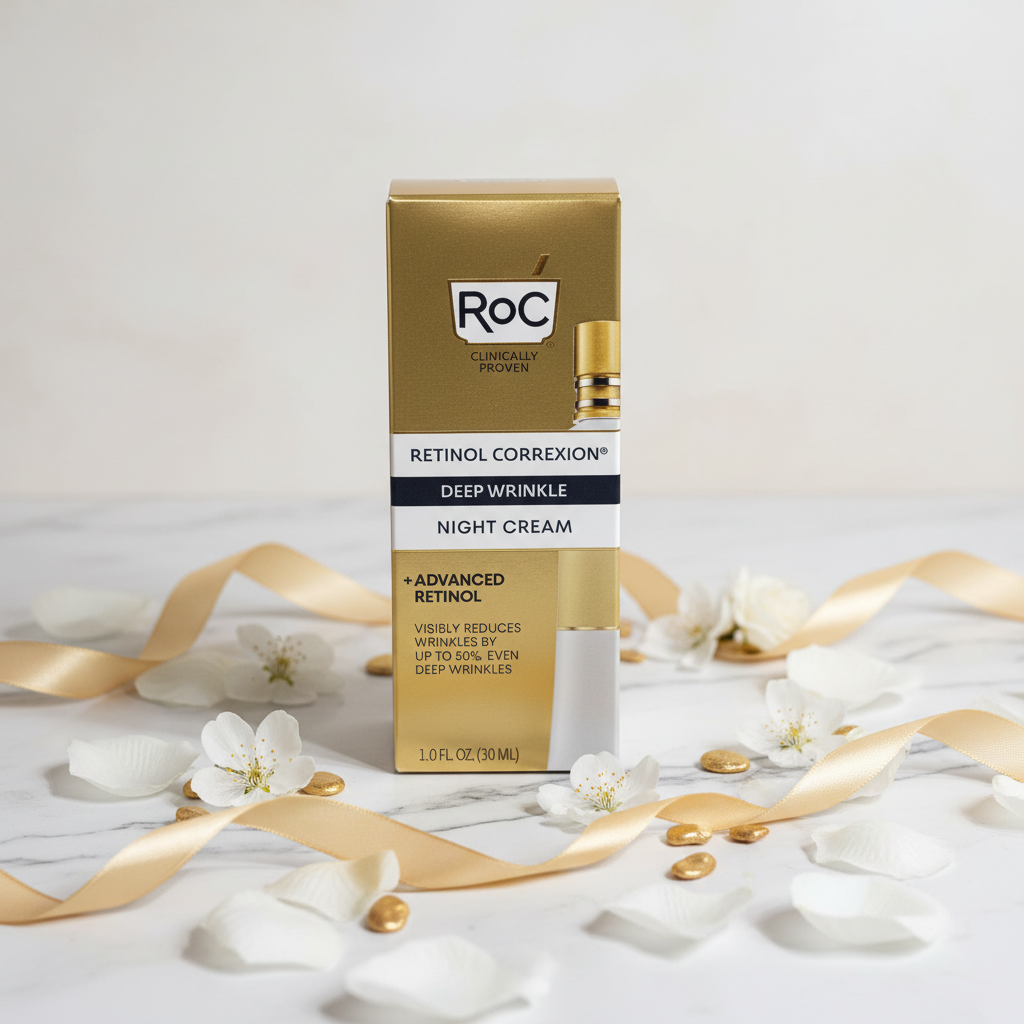 RoC Retinol Correxion Deep Wrinkle Night Cream gold box on marble with white flower petals and gold accents.
