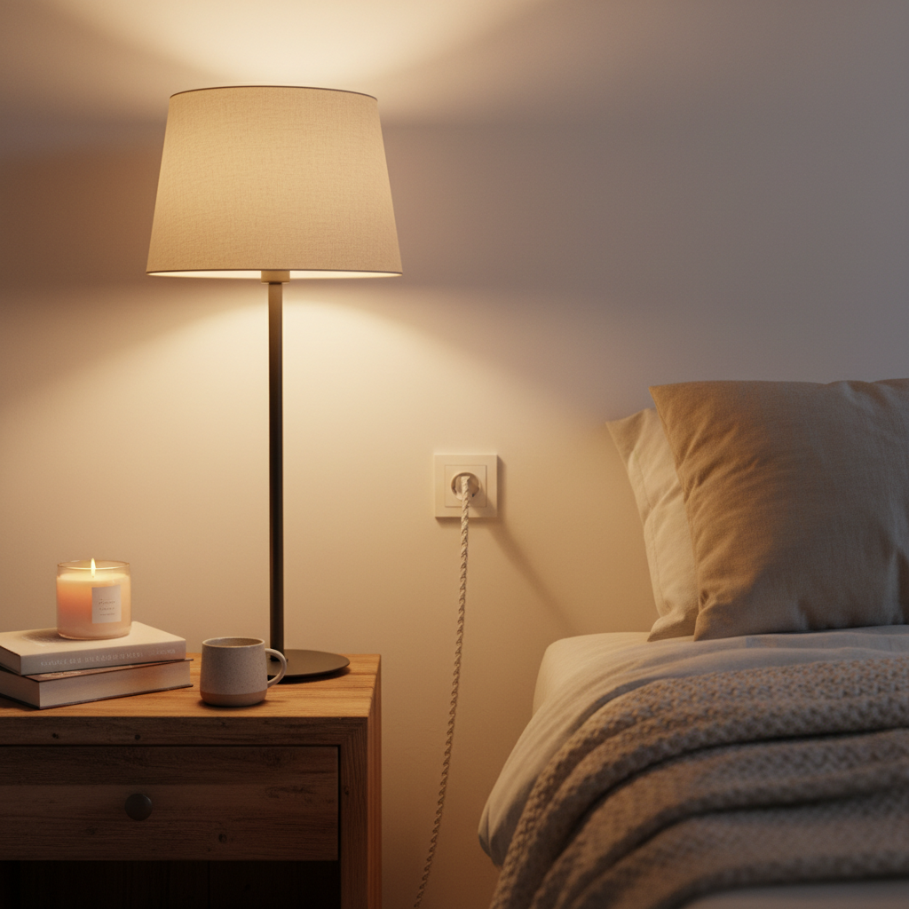 Cozy bedroom nightstand with floor lamp connected to sleek white wall outlet