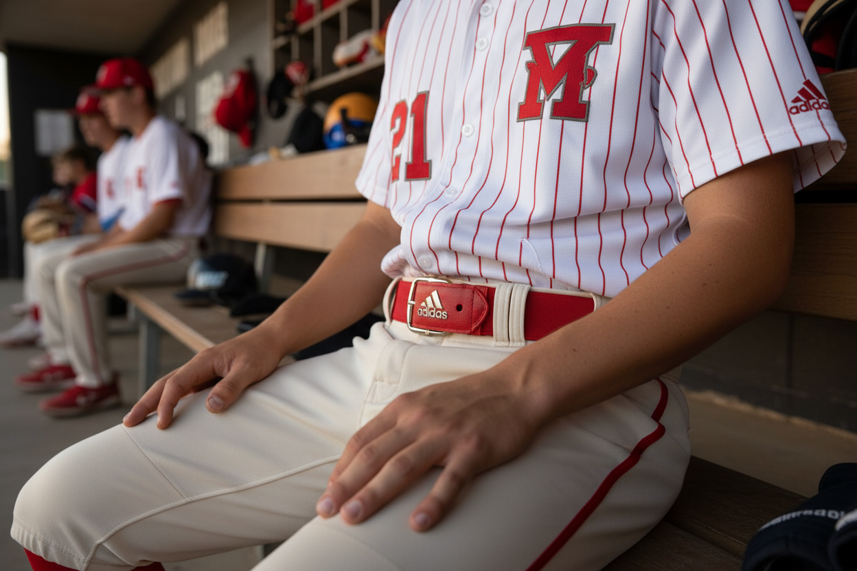 Adidas Performance red elastic baseball belt worn by player in dugout showing waist detail – More4less Outlet