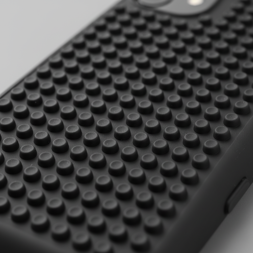 Extreme close-up macro of black silicone phone case back showing uniform grid of suction cups