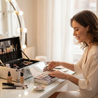 Lifestyle image - woman customizing magnetic makeup palette at vanity with silver case open beside her, editorial beauty scene for visual context only