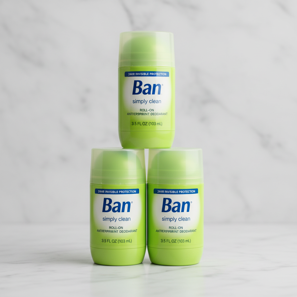 Three lime-green Ban Simply Clean bottles in pyramid on marble