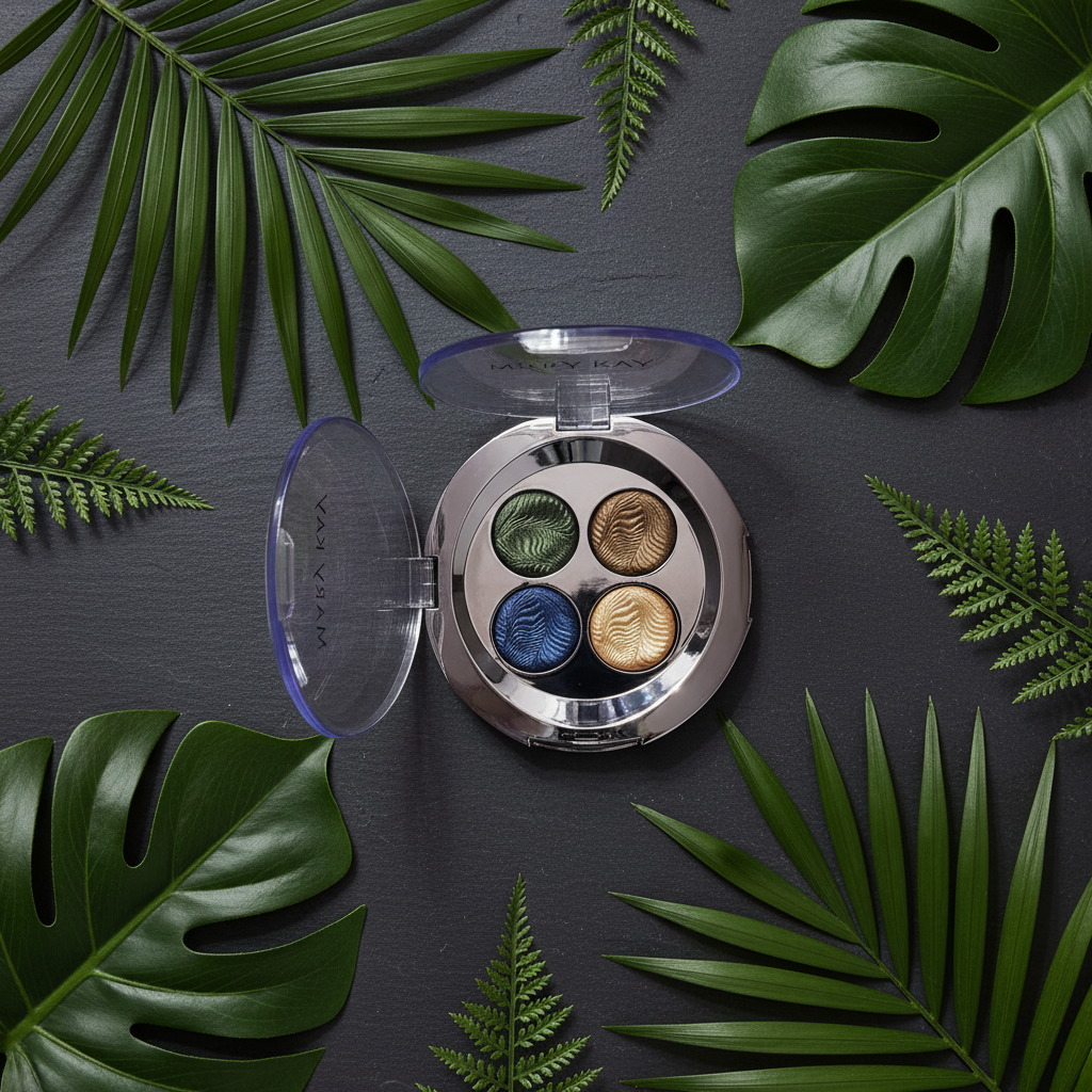 Mary Kay Pure Dimensions Maui Gardens eyeshadow palette flat lay dark slate tropical leaves jewel tones lifestyle