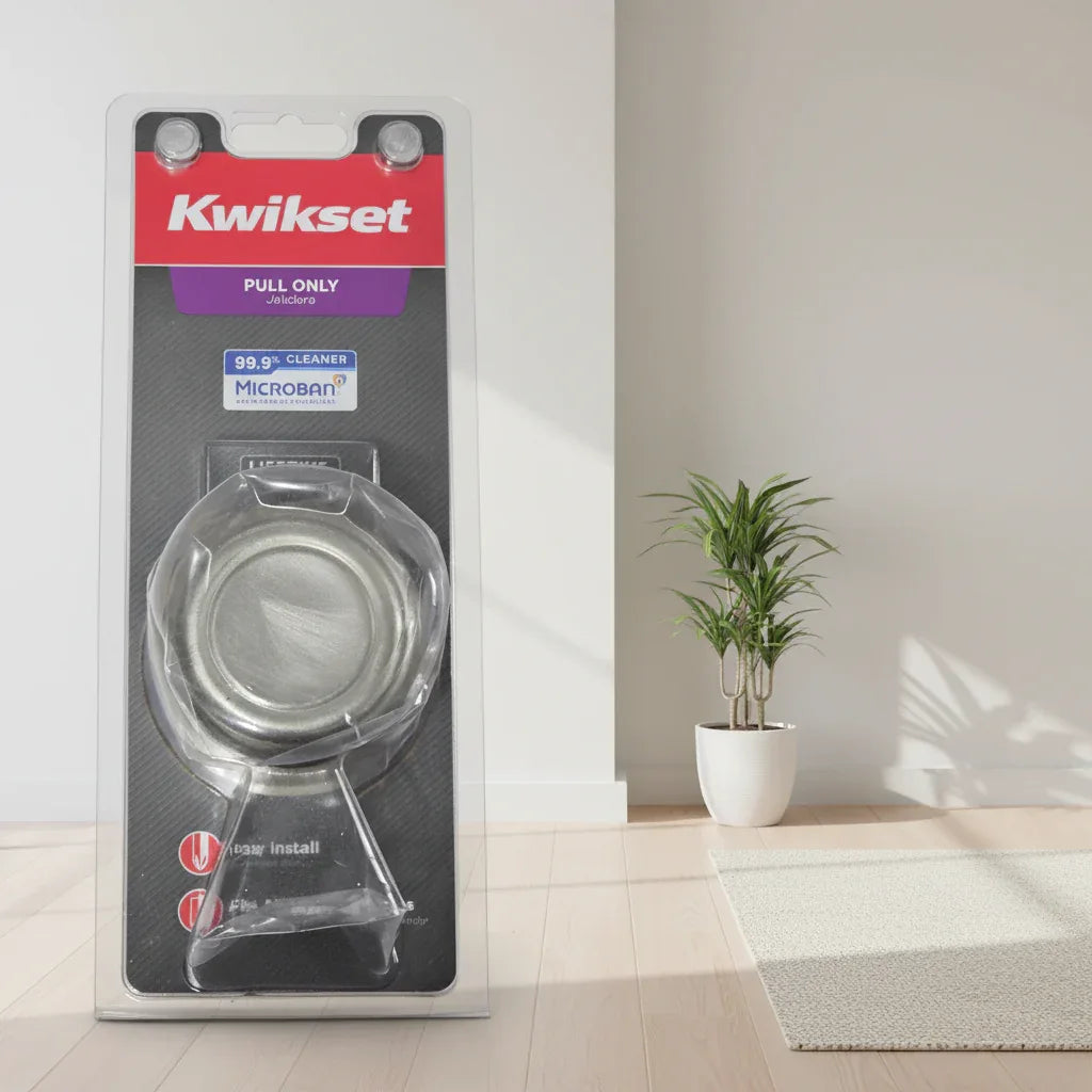 Kwikset pull only door knob displayed in modern home interior with clean white walls and contemporary decor.