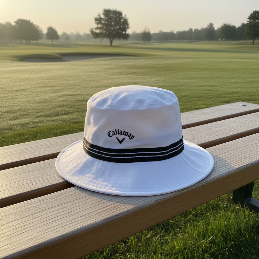 Callaway Golf white and black bucket hat on a golf-course bench in morning light