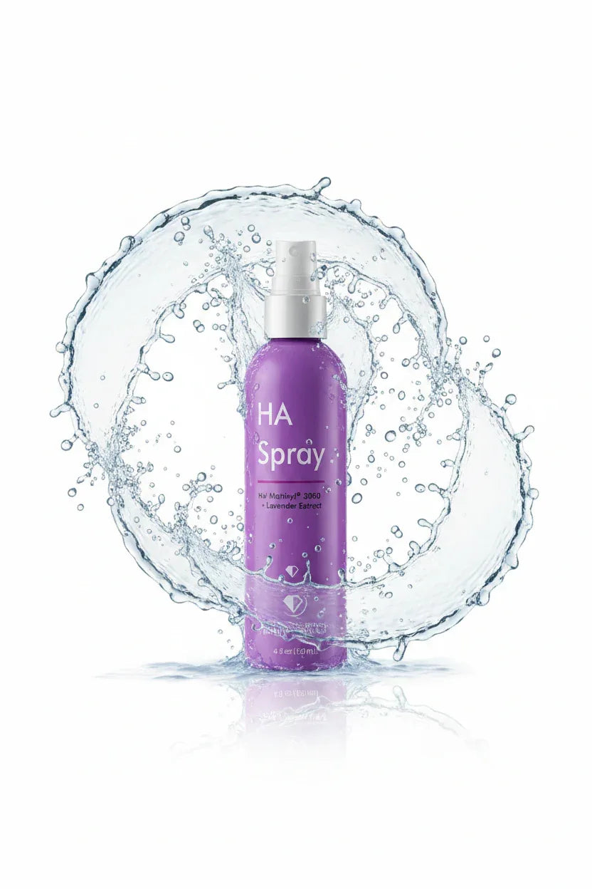 Water droplets splashing dynamically around a purple skincare facial mist spray bottle on a clean white background