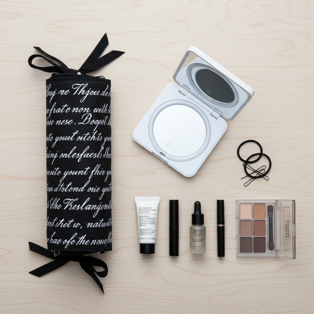 Flat-lay on hardwood surface showing script print cosmetic roll-up bag rolled up next to foldable face case mirror and travel cosmetics