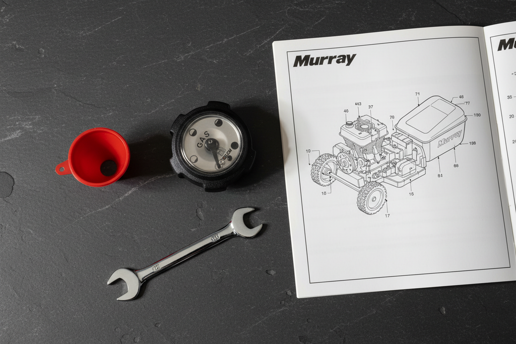Stens 125-260 fuel cap with Kelch gauge flatlay on dark slate with wrench and Murray parts manual - More4less Outlet