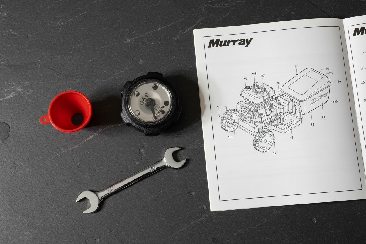 Stens 125-260 fuel cap with Kelch gauge flatlay on dark slate with wrench and Murray parts manual - More4less Outlet