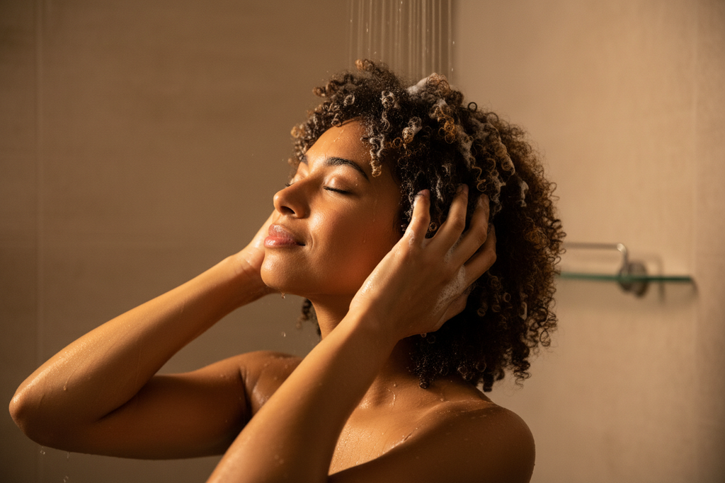Woman with wavy coily hair lathering shampoo into wet hair in shower eyes closed relaxed self-care lifestyle photo