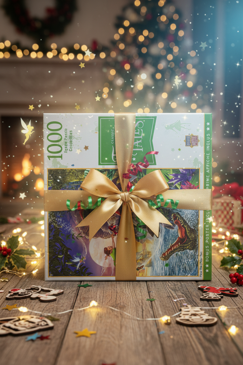 MasterPieces Peter Pan puzzle box presented as a gift with ribbon on festive table with magical fairy tale glow — More4less Outlet