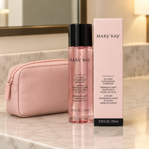 Mary Kay Oil-Free Eye Makeup Remover bottle and retail box beside a blush travel pouch
