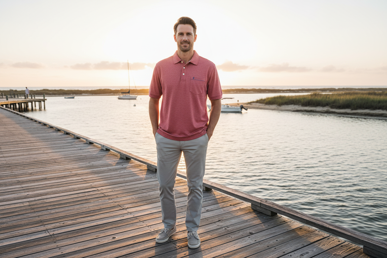 IZOD Saltwater Men's polo shirt heathered saltwater red size M worn by man on coastal dock boardwalk – More4less Outlet