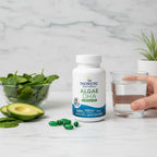 Modern clean lifestyle photo on white marble surface highlighting healthy plant-based daily supplement habits