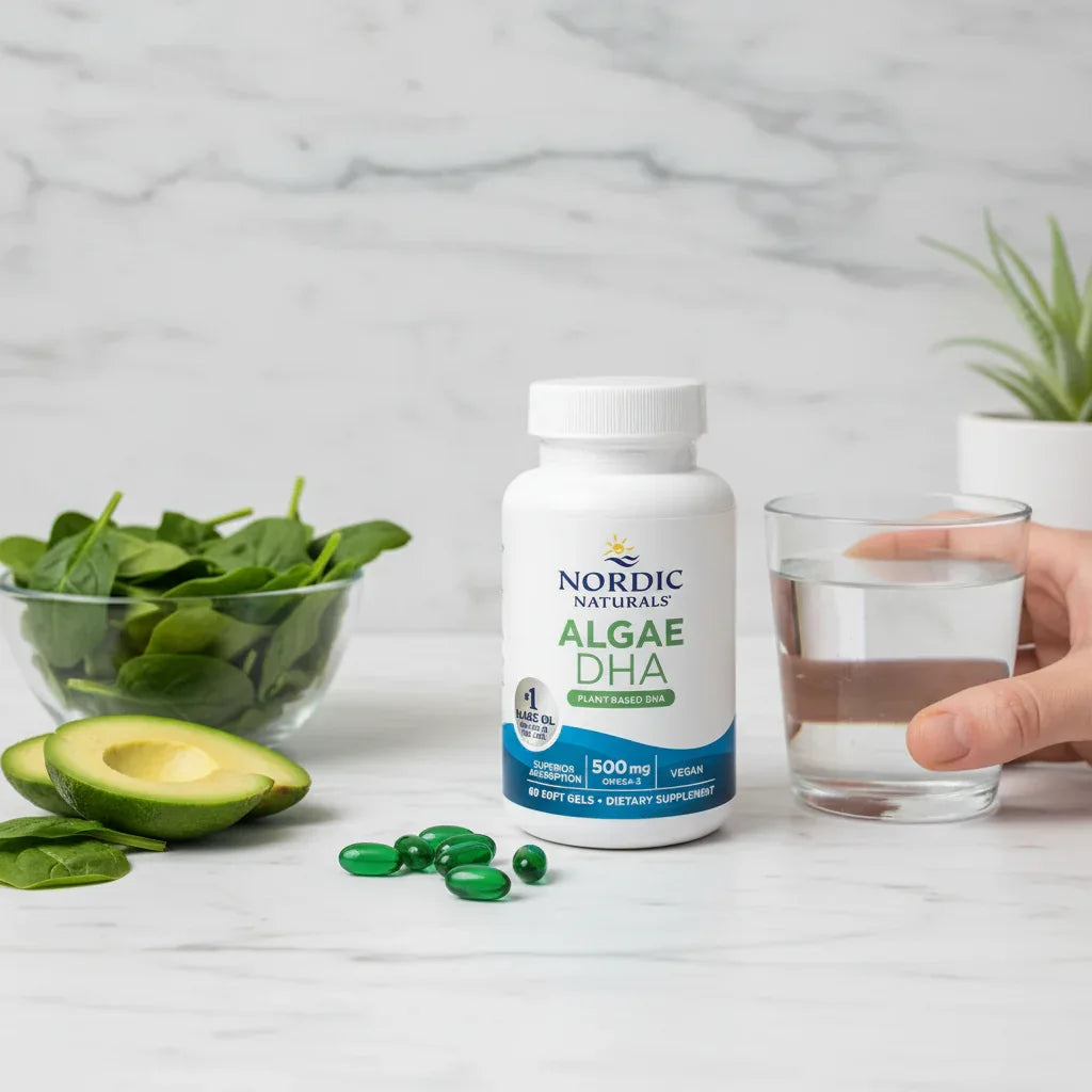 Modern clean lifestyle photo on white marble surface highlighting healthy plant-based daily supplement habits