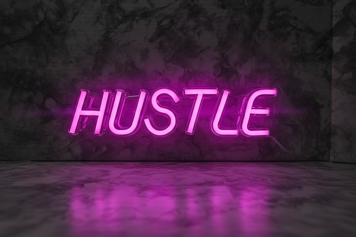 Elements HUSTLE pink LED neon sign close-up hero glow shot