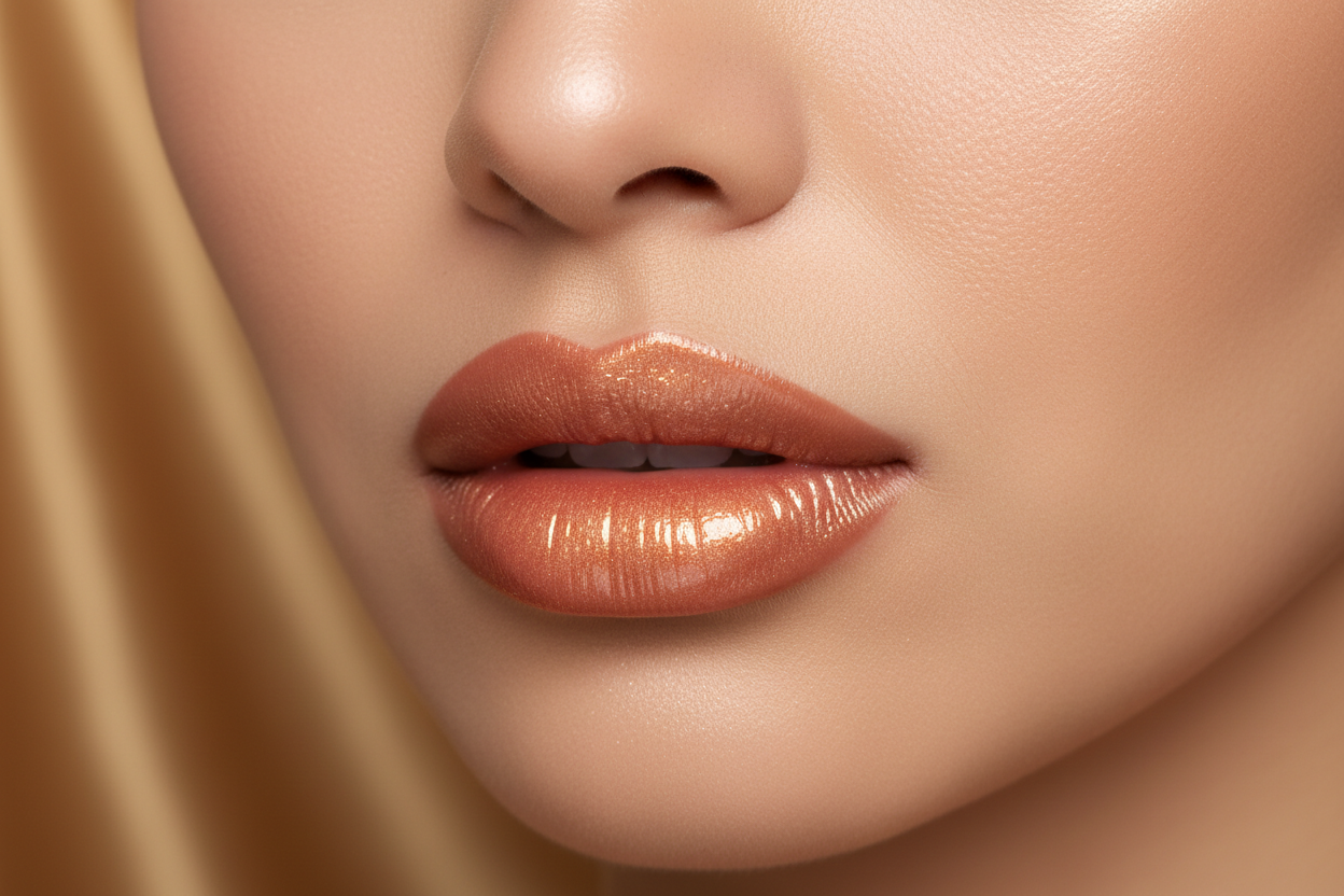 Close-up of woman's lips with warm shimmer bronze gloss - Sugar Coated shade beauty lifestyle